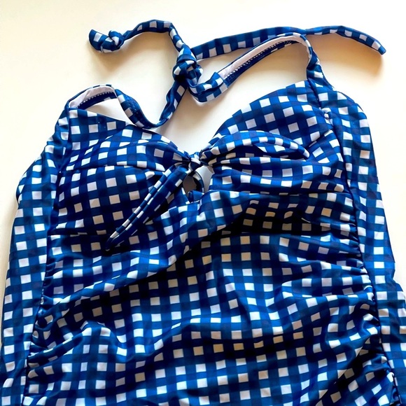 Womens Sexy One Piece Swimsuit Tie Back Blue Checkered Gingham Bikini Swimwear - Picture 4 of 7
